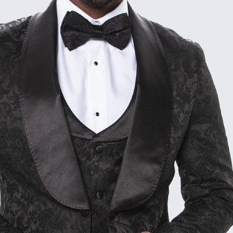 Men's Black Tuxedo with Floral Design Three Piece Set- Wedding - Prom