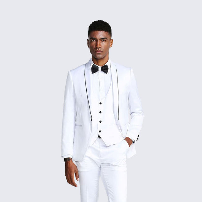 White Slim Fit Satin Tuxedo – Four Piece Set