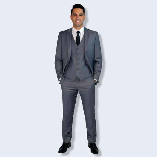 Grey 3-Piece Modern Fit Suit with Notch Lapel – Wedding & Prom