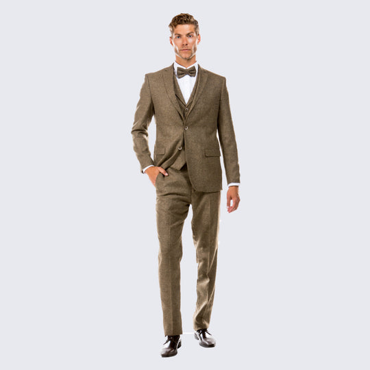 Tan Tweed Three Piece Suit with Notch Lapel – Wedding & Prom