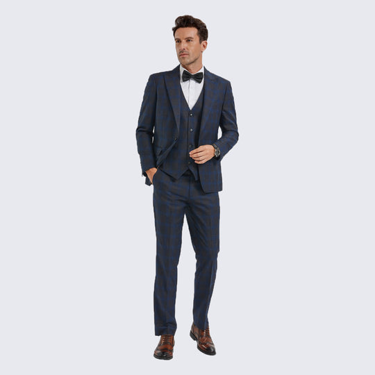 Blue Plaid Skinny Fit Suit with Peak Lapel
