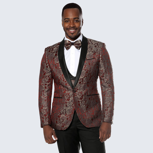Rust Gold Pattern Tuxedo 4-Piece Set with Shawl Lapel – Wedding & Prom