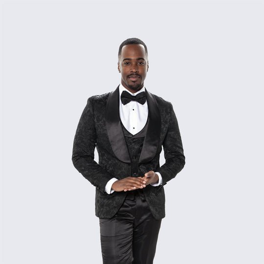 Men's Black Tuxedo with Floral Design Four Piece Set- Wedding - Prom
