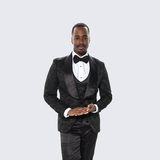 Men's Black Tuxedo with Floral Design Four Piece Set- Wedding - Prom