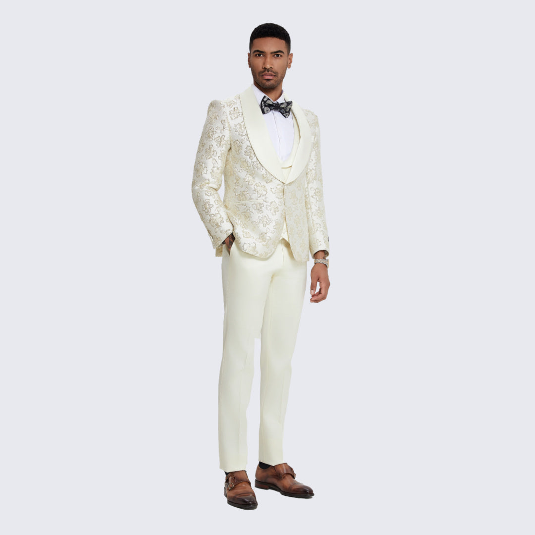 Men's Ivory and Gold Tuxedo with Textured Floral Design Wedding Pro
