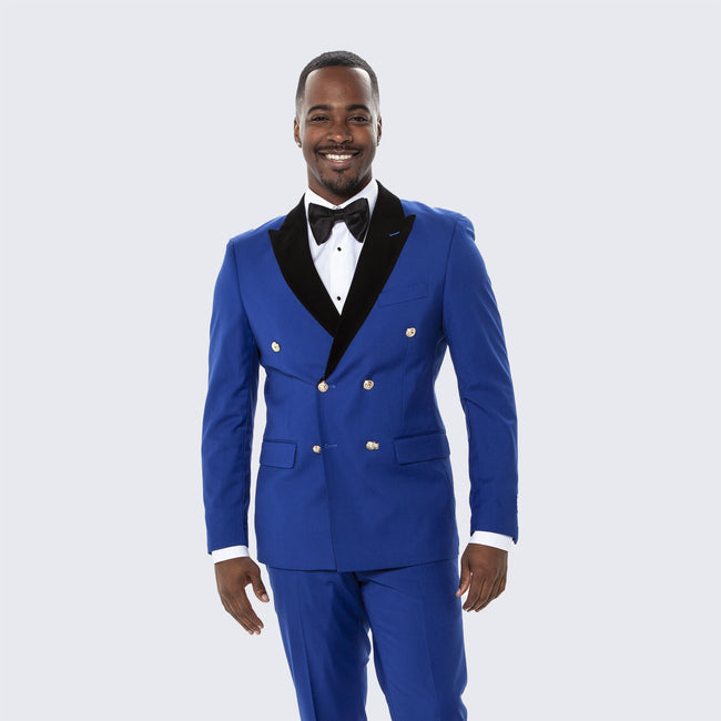 Royal Blue Double Breasted Tuxedo with Velvet Peak Lapel – Wedding & Prom
