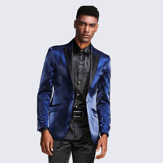 Navy Blue Shiny Slim Fit Tuxedo Jacket with Peak Lapel – Wedding & Prom
