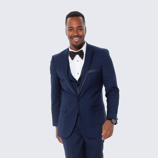 Navy Blue Textured Slim Fit Tuxedo with Satin Peak Lapel – Wedding & Prom