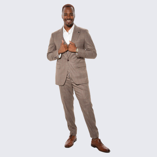 Light Brown Windowpane Suit with Peak Lapel – Wedding & Prom