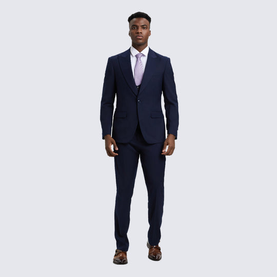 Navy Blue Three Piece Suit with Large Peak Lapel – Wedding & Prom