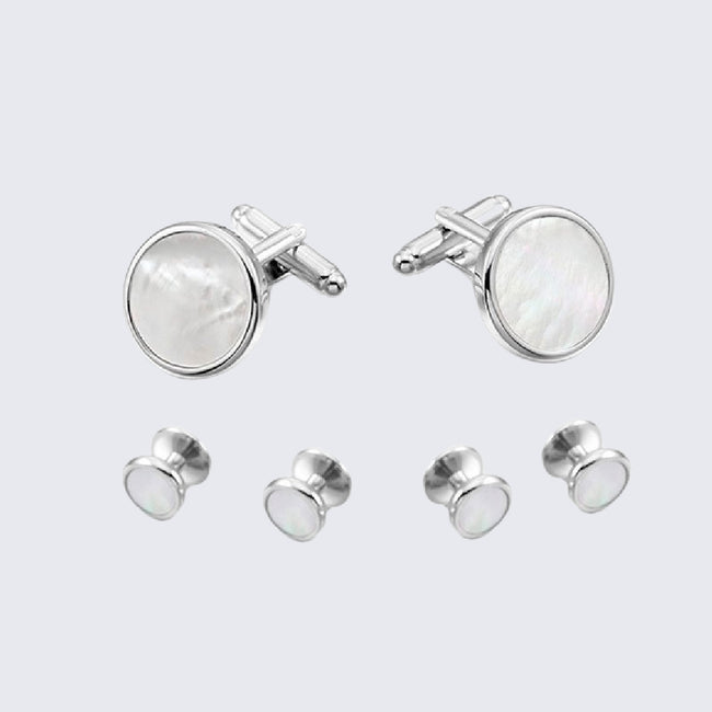 Mother of Pearl Tuxedo Studs and Cufflinks Round Silver