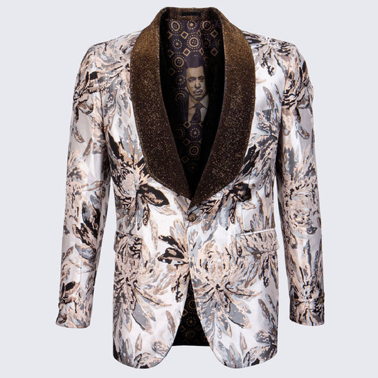 Tan Tuxedo Jacket with Floral Pattern Shawl Lapel
