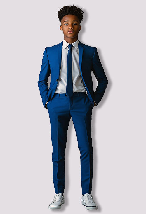 guy wearing blue prom suit