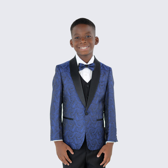 Boys Blue Paisley Tuxedo 5pc Set for Kids Teen Children - Wedding