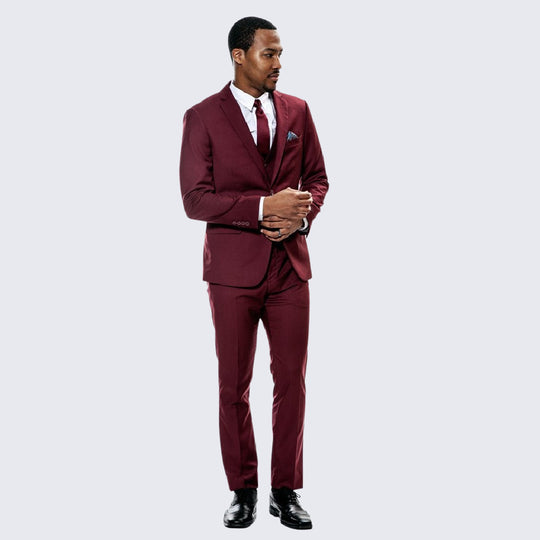 Burgundy Skinny Fit 3-Piece Suit with Notch Lapel – Wedding & Prom