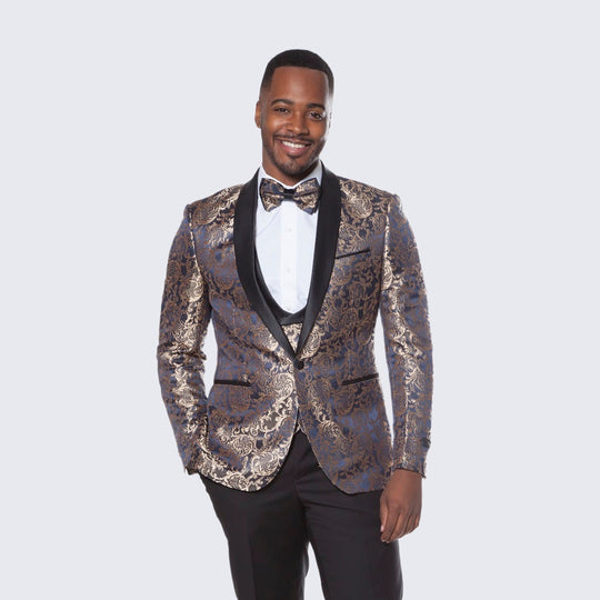 Blue & Gold Pattern Tuxedo 4-Piece Set with Shawl Lapel – Wedding & Prom