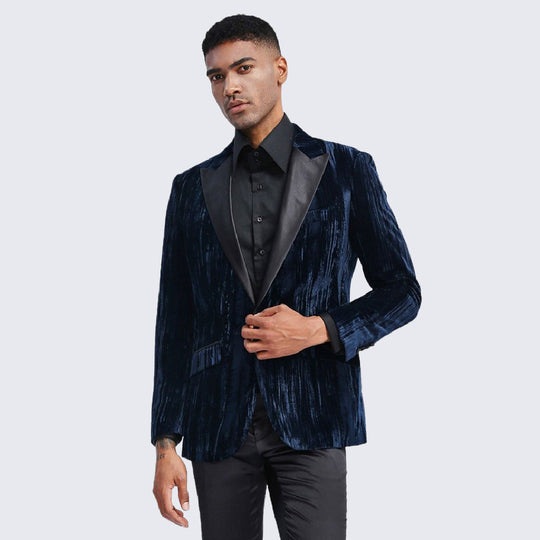 Navy Velvet Pattern Tuxedo Jacket with Peak Lapel – Wedding & Prom
