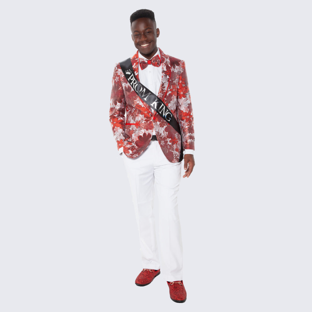 Red Tapestry Floral Slim Fit Tuxedo Jacket