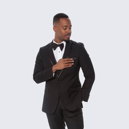 Black Textured Tuxedo Three Piece Set with Satin Trim - Wedding - Prom
