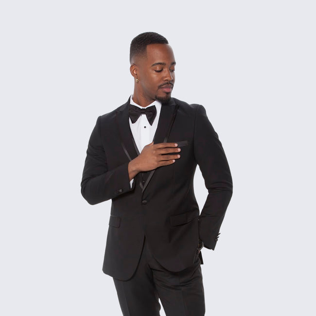 Black Textured Tuxedo Three Piece Set with Satin Trim - Wedding - Prom