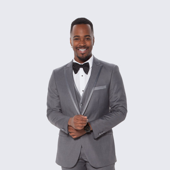 Mid Grey Textured Tuxedo Three Piece Set with Satin Trim - Wedding - Prom