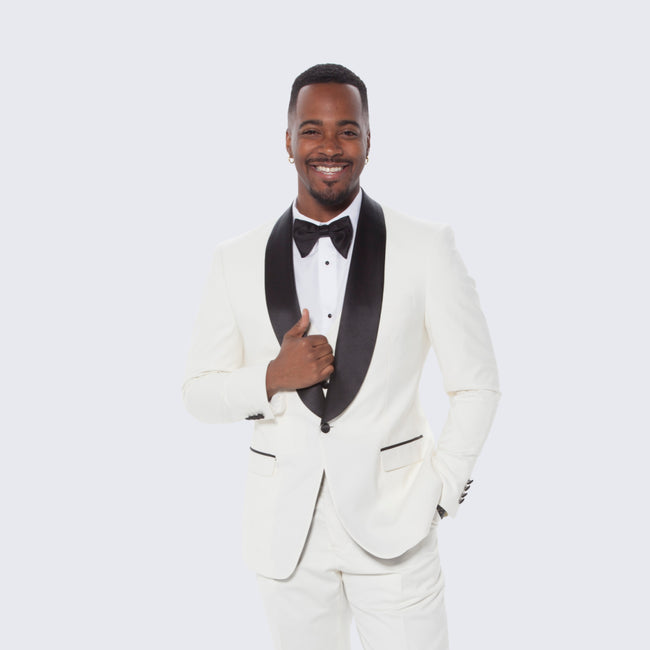 Ivory Slim Fit Tuxedo with Black Shawl Lapel – 3 Piece Wedding & Prom Set