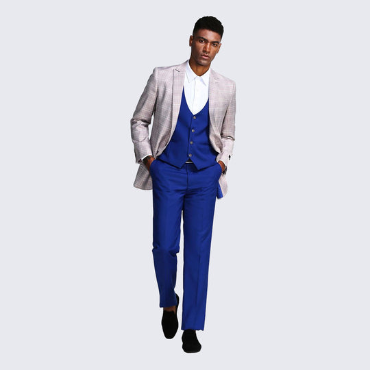 Tan & Blue Windowpane Slim Fit 3-Piece Suit – Wedding & Prom