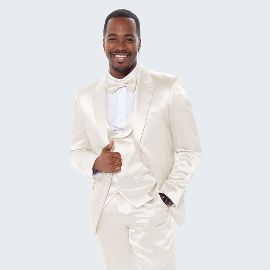 Champagne Satin Slim Fit Tuxedo with Peak Lapel – Wedding & Prom