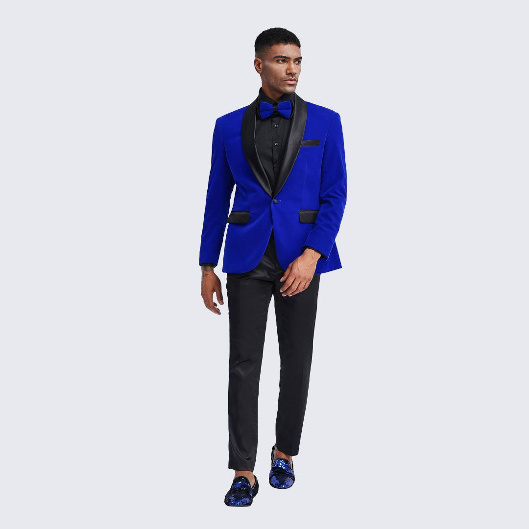 Royal Blue Velvet Tuxedo Jacket Slim Fit with Shawl Lapel, L (42) / No