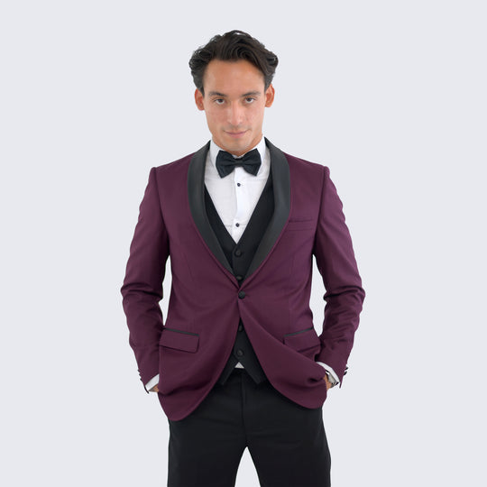 Burgundy Slim Fit Tuxedo with Black Shawl Lapel – Wedding & Prom