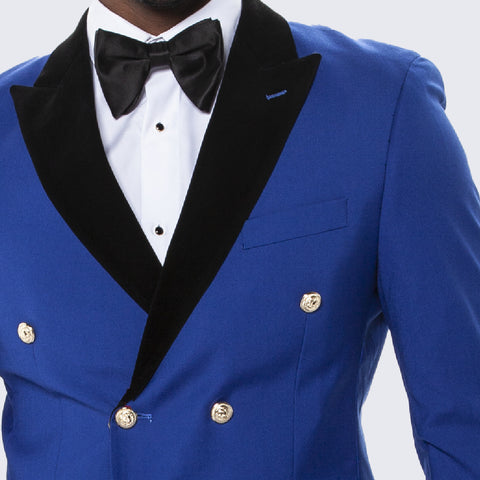 Blue Double Breasted Tuxedo with Velvet Peak Lapel - Wedding - Prom