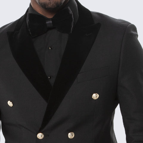 Black Double Breasted Tuxedo with Velvet Peak Lapel - Wedding - Prom