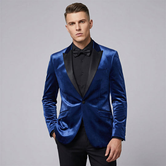 Navy Blue Shiny Slim Fit Tuxedo Jacket with Peak Lapel – Wedding & Prom