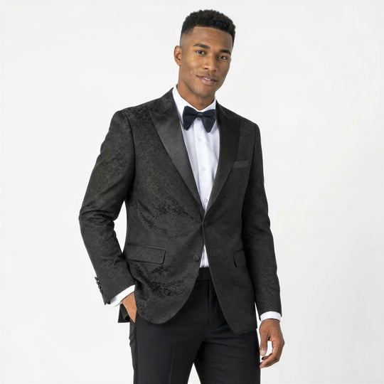 Black Paisley Tuxedo Jacket with Large Peak Lapel – Wedding & Prom