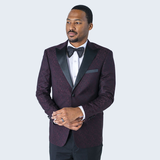 Burgundy Paisley Tuxedo Jacket with Large Peak Lapel – Wedding & Prom