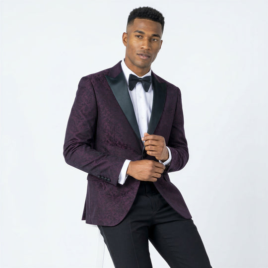Burgundy Paisley Tuxedo Jacket with Large Peak Lapel – Wedding & Prom