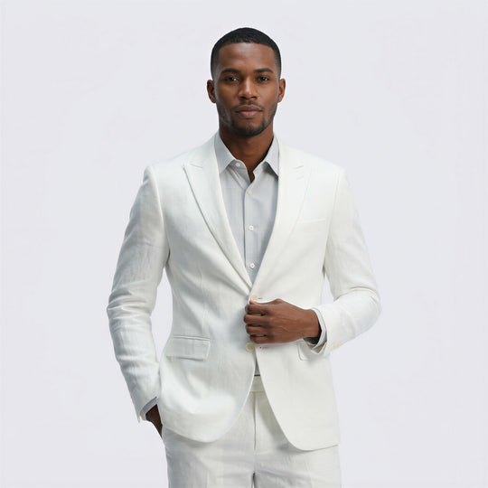 White Linen Slim Fit Suit Set with Peak Lapel – Wedding & Prom