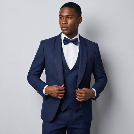 Blue Textured Tuxedo with Satin Shawl Lapel – 4 Piece Set