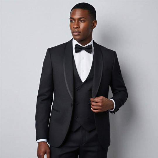 Black Textured Tuxedo with Satin Trim – 4 Piece Slim Fit Set