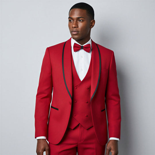 Red Textured Tuxedo with Satin Trim – 4 Piece Slim Fit Set