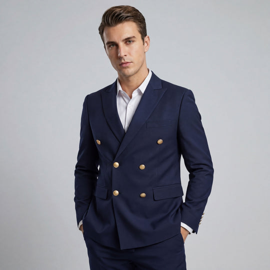 Navy Double Breasted Suit with Gold Buttons – Wedding & Prom