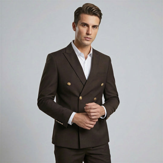 Brown Double Breasted Suit with Gold Buttons – Wedding & Prom