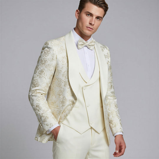 Ivory and Gold Floral Tuxedo with Shawl Lapel – Wedding & Prom