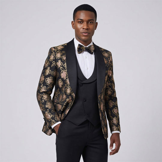 Black & Rose Gold Floral Tuxedo with Shawl Lapel – Wedding & Prom