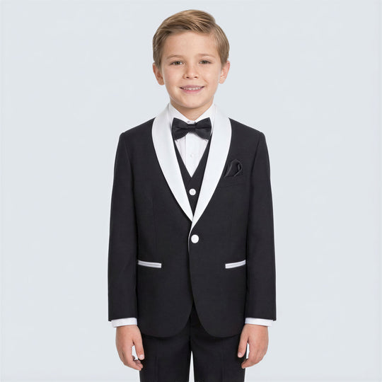 Boys Black Tuxedo with White Shawl Lapel – 5-Piece Set
