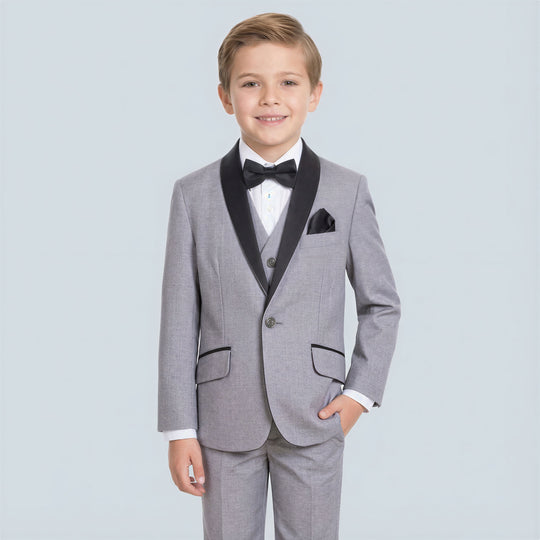 Boys Grey 5-Piece Tuxedo Set – Shawl Lapel Wedding