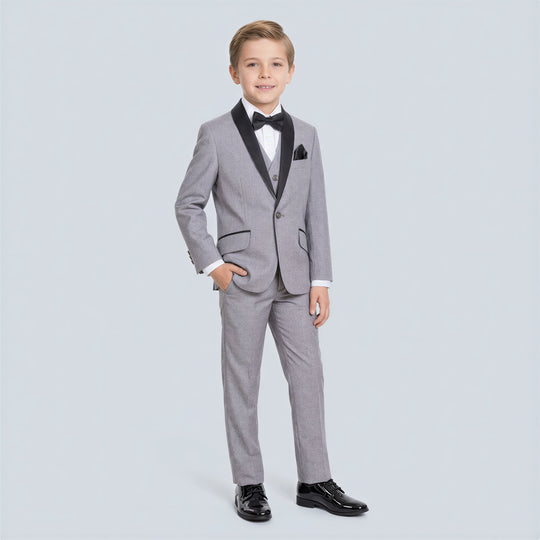 Boys Grey Tuxedo Slim Fit Shawl Lapel 5-Piece Set for Kids Teen Children - Wedding