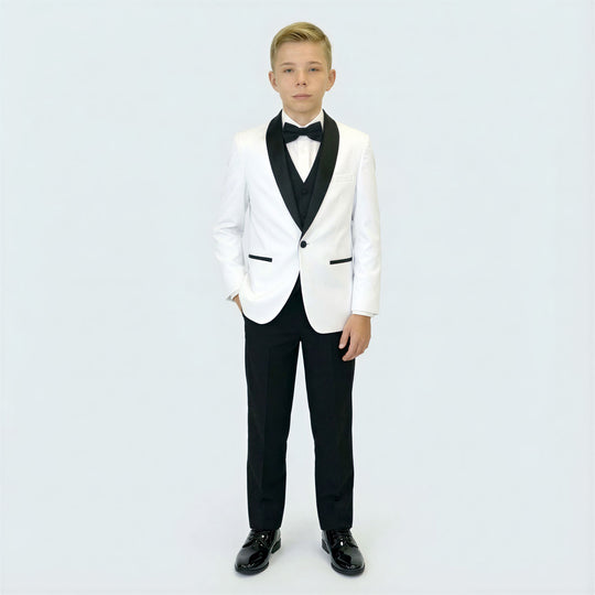 Boys White Tuxedo Slim Fit Shawl Lapel 5-Piece Set for Kids Teen Children - Wedding
