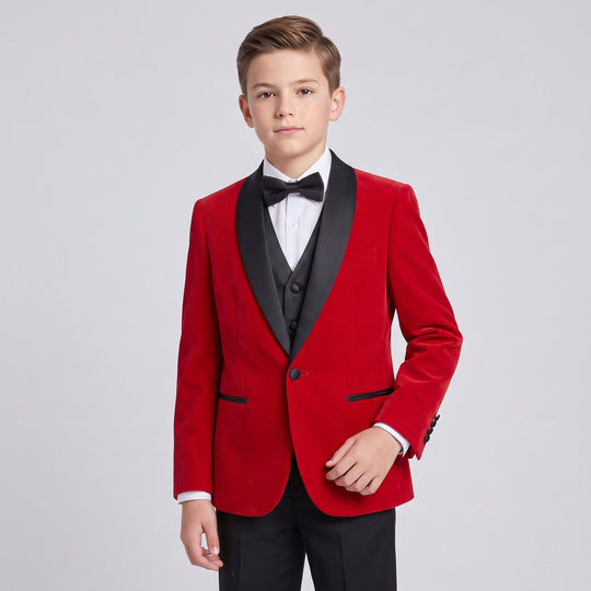 Boys Red Velvet Slim Fit Blazer with Shawl Lapel