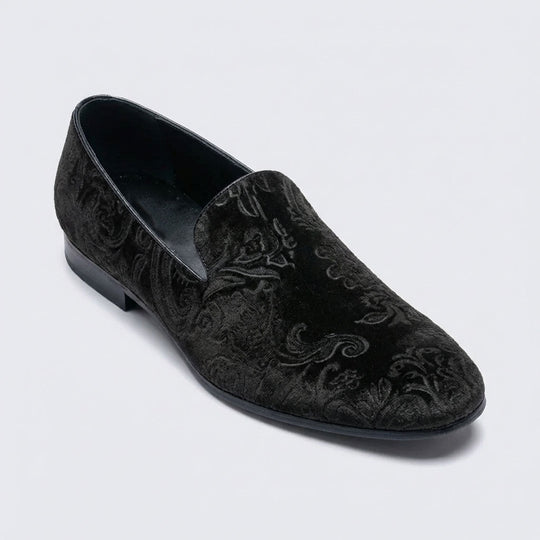 Mens Black Velvet Loafers Paisley Pattern - Shoes